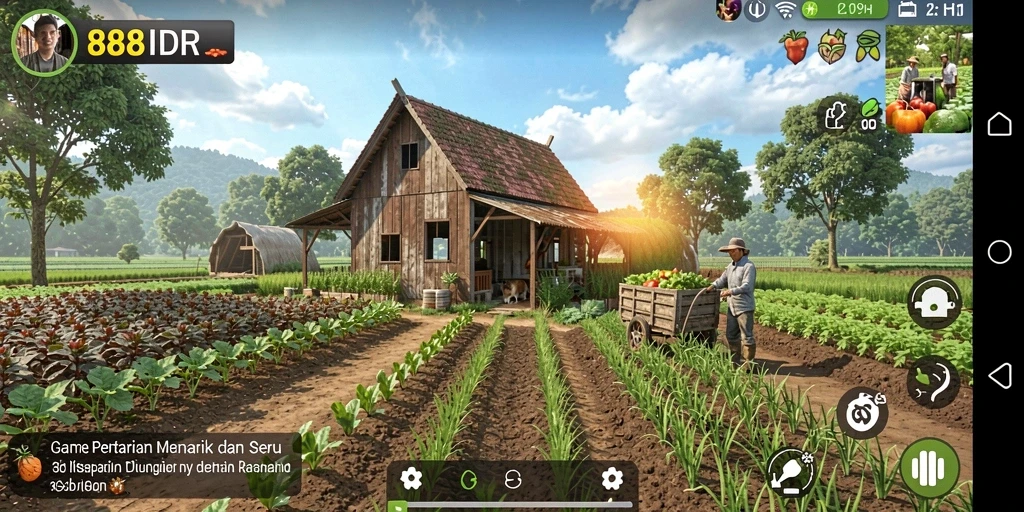 Screenshot gameplay 888IDR yang menunjukkan aktivitas bertani.