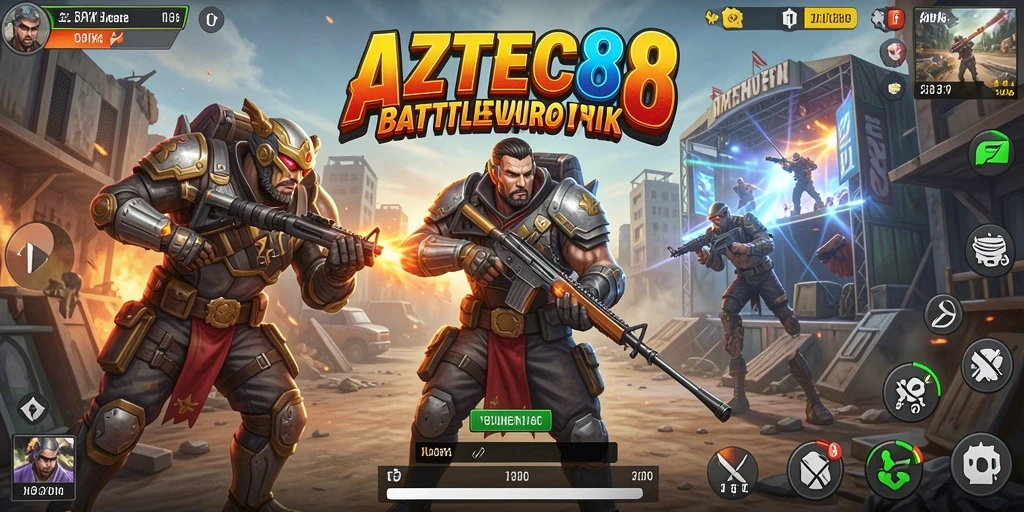 Tangkapan layar AZTEC88 menampilkan aksi pertempuran intens di arena Battle Royale.