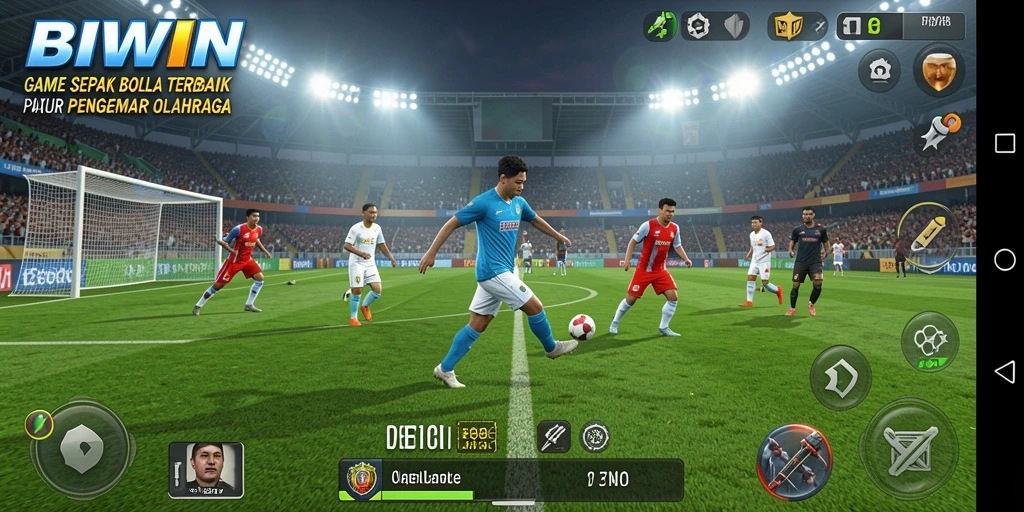 Tampilan gameplay intens di <strong>BIWIN</strong> dengan pertandingan sepak bola mendebarkan.