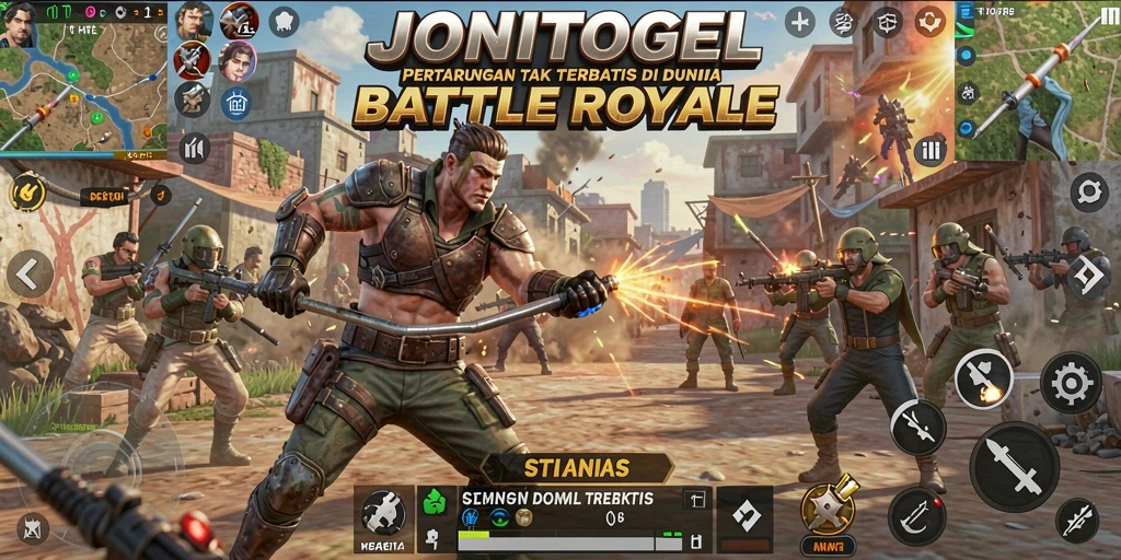 Tangkapan layar utama menampilkan aksi seru dalam permainan Battle Royale JONITOGEL.