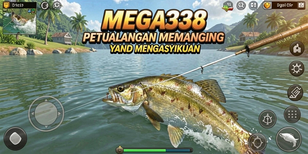 Tampilan utama gameplay MEGA338 dengan aksi memancing yang seru.