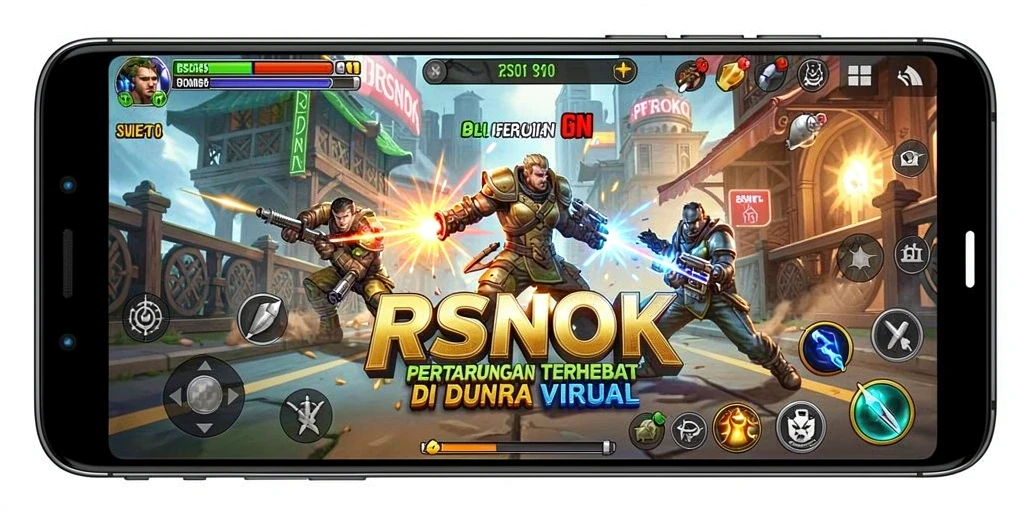 Screenshot utama RSNOK menampilkan pertarungan seru antara dua petarung di arena.