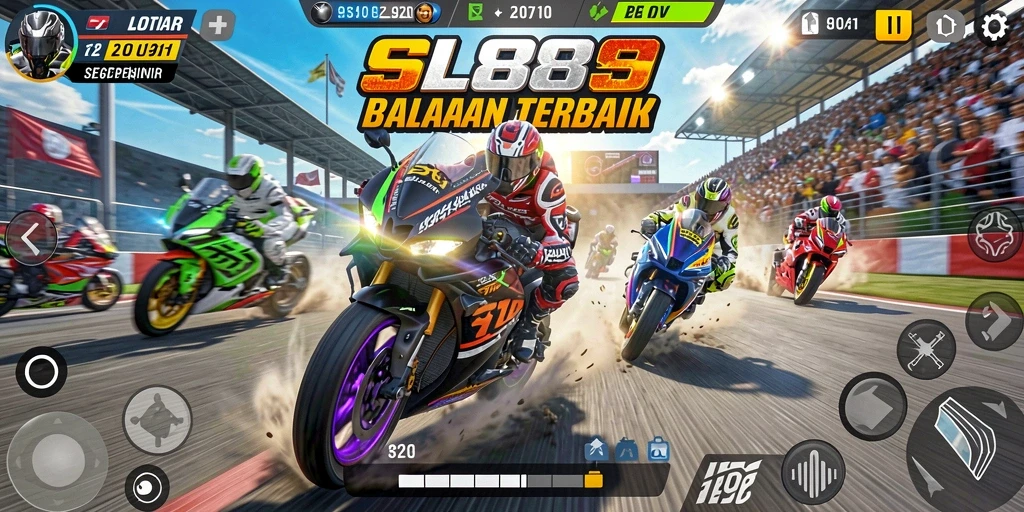 Screenshot utama SL888 menampilkan aksi balapan motor yang intens.
