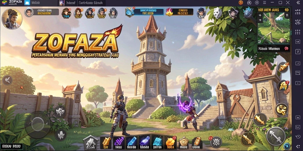 Screenshot gameplay ZOFAZA yang menunjukkan menara bertahan dari serangan musuh.